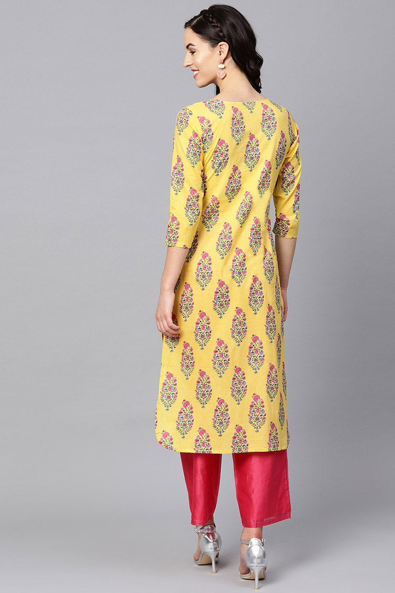 Ahika Women Casual Wear Cotton Yellow Color Printed Trendy Kurti