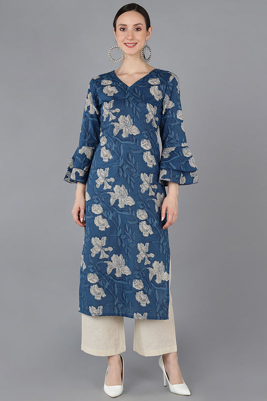 Women Cotton Blend Printed Simple Function Wear Navy Blue Color Kurti VCK1286
