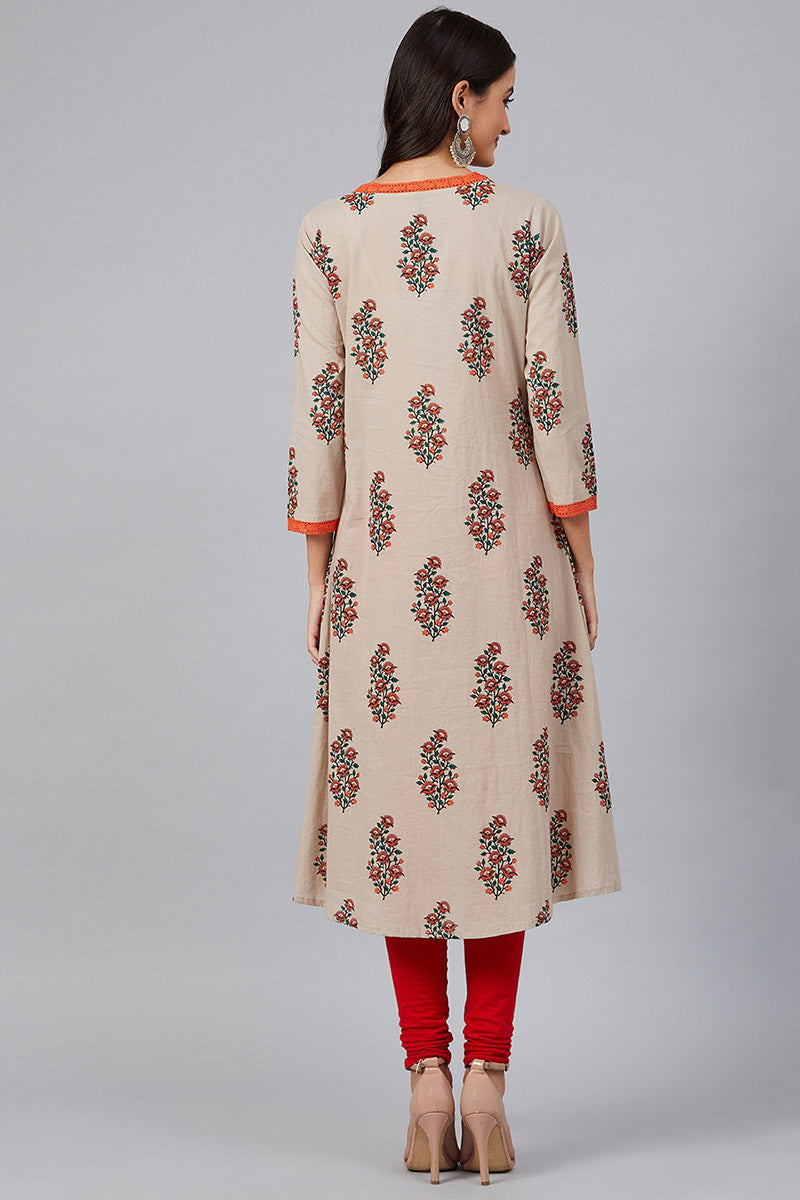 AHIKA Women Beige Rust Orange Screen Printed A Line Kurta