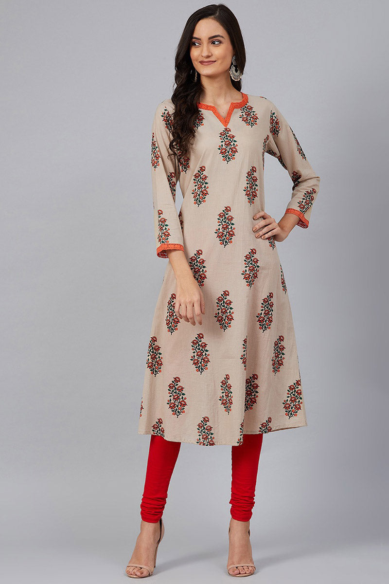 AHIKA Women Beige Rust Orange Screen Printed A Line Kurta