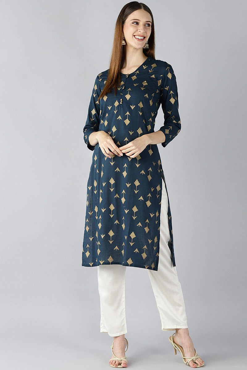 Teal Blue And Gold Coloured Printed Straight Kurta VCK1765E