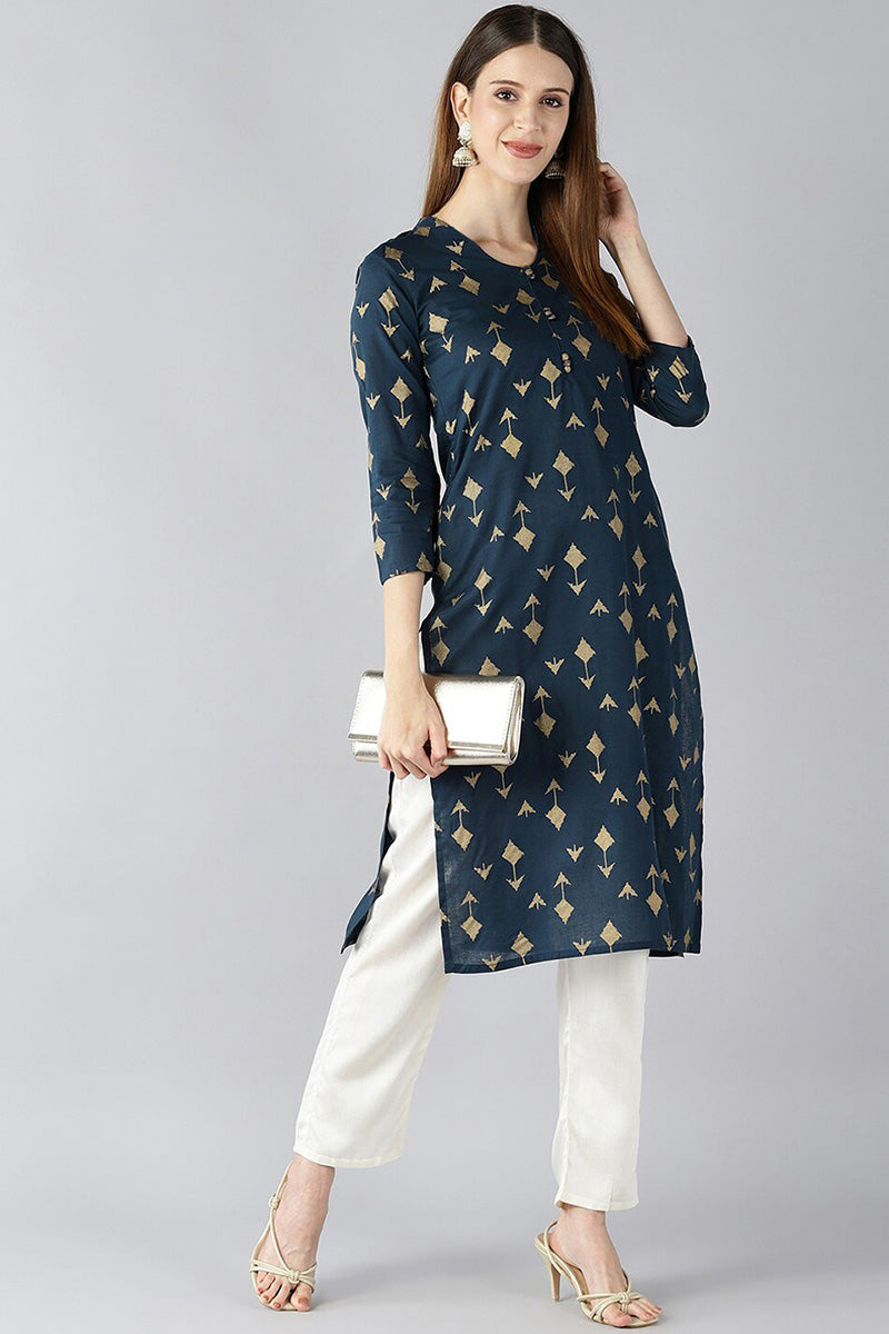 Teal Blue And Gold Coloured Printed Straight Kurta VCK1765E