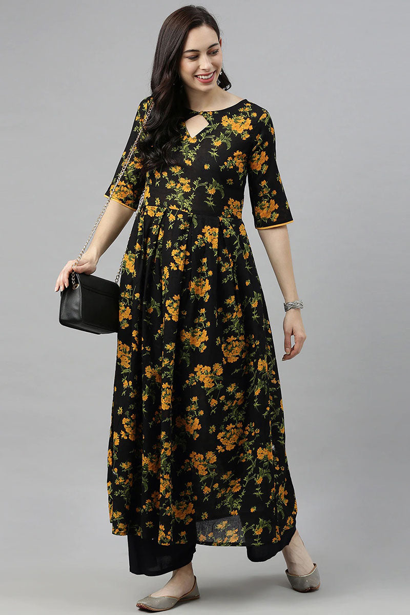 AHIKA Women Black Floral Printed Keyhole Neck Kurta