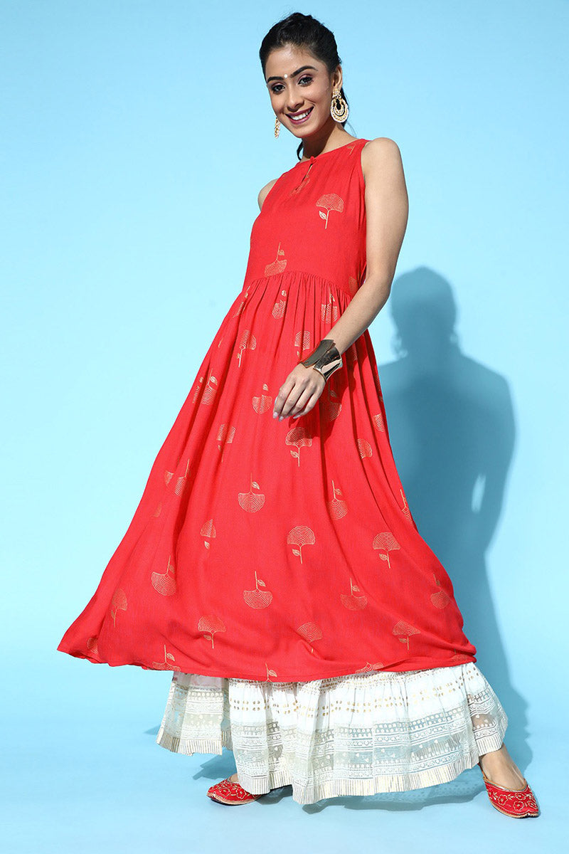AHIKA Attractive Red Cotton Ethnic Motifs Kurta Crafted with a flared