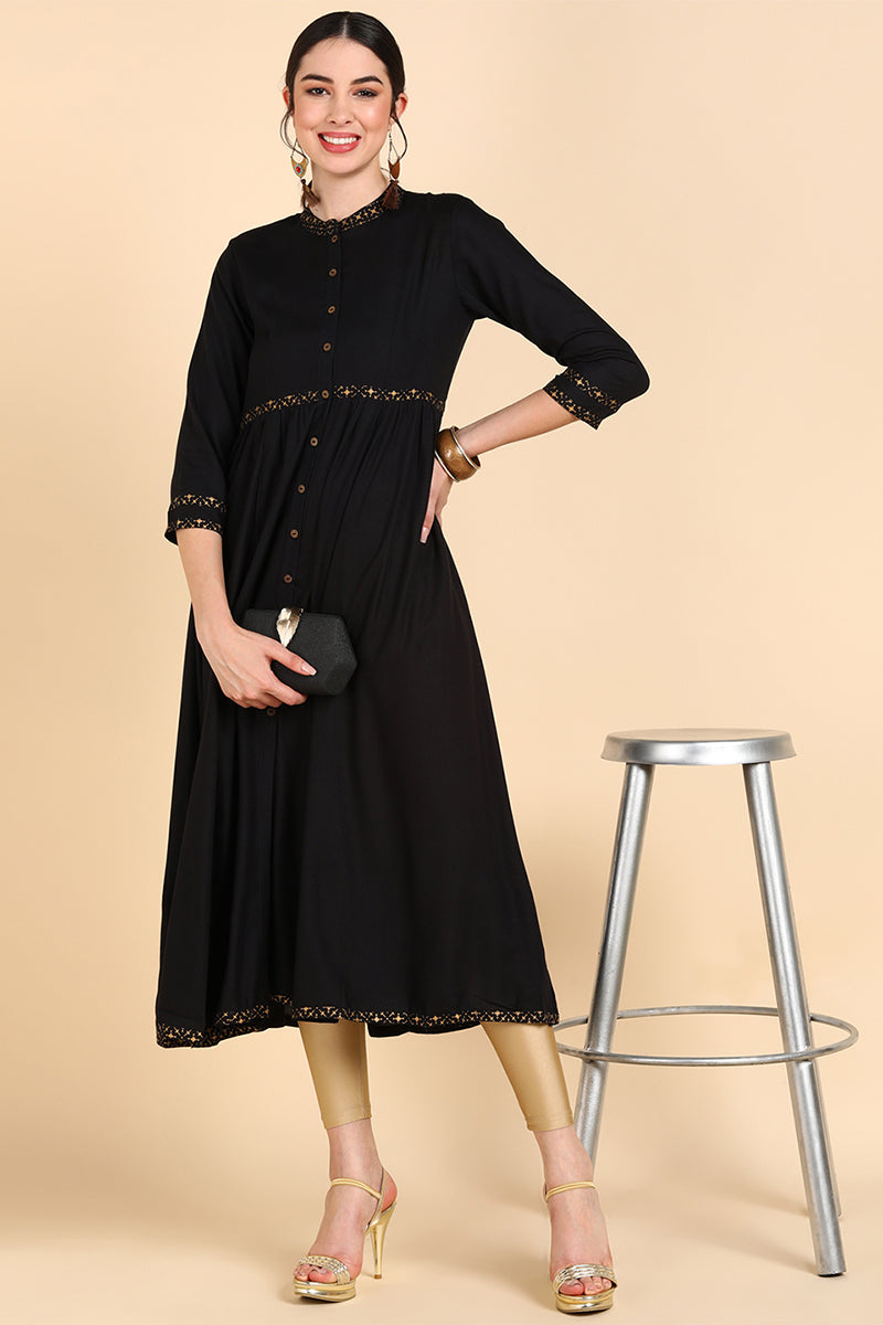 Black Cold-Shoulder Sleeves Anarkali Kurta VCK8555
