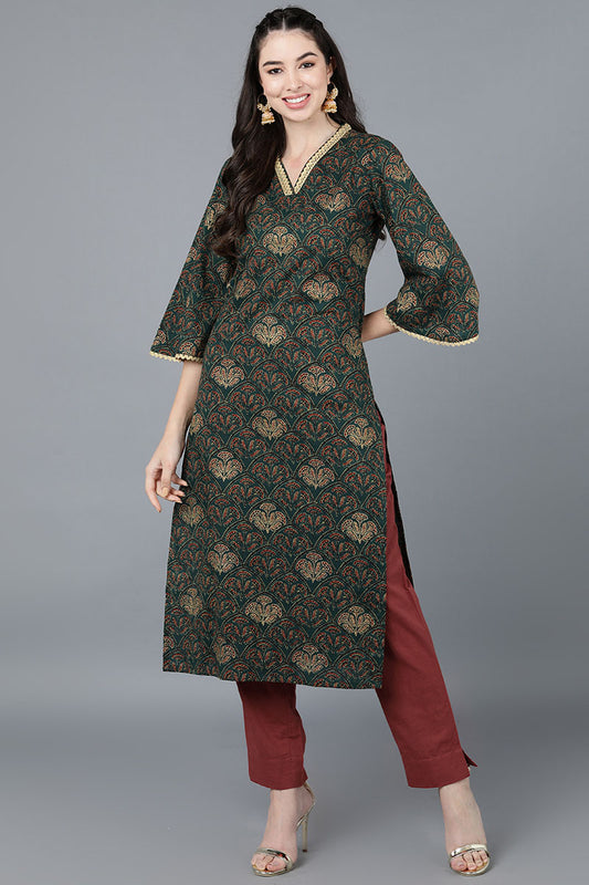 Ahika Women Cotton Green Printed Kurtas 