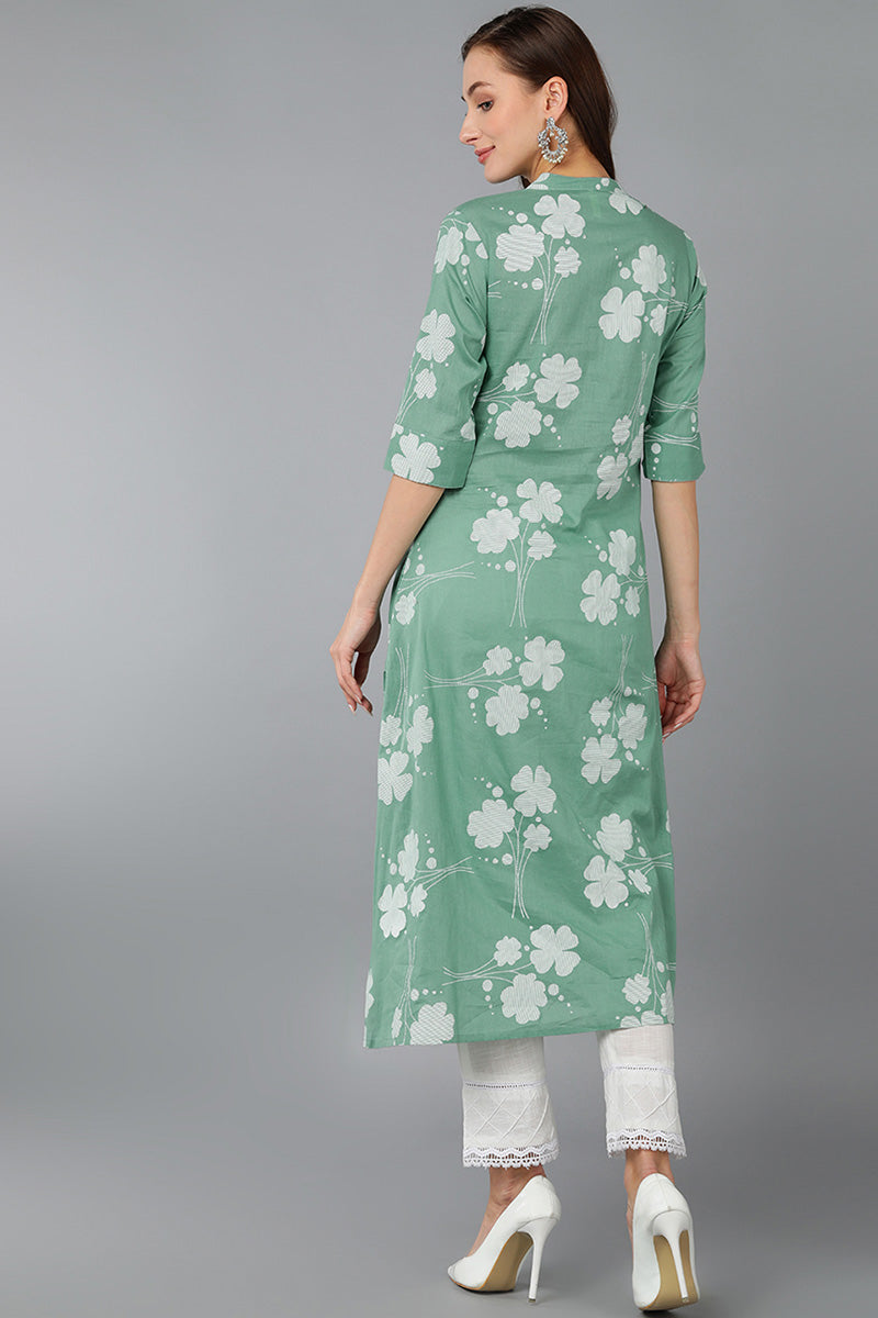 Green Cotton Floral Printed A-Line Kurta