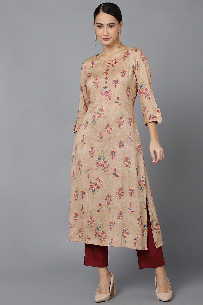  AHIKA Women Beige Floral Printed Cotton Kurta