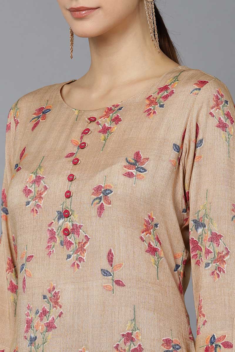  AHIKA Women Beige Floral Printed Cotton Kurta