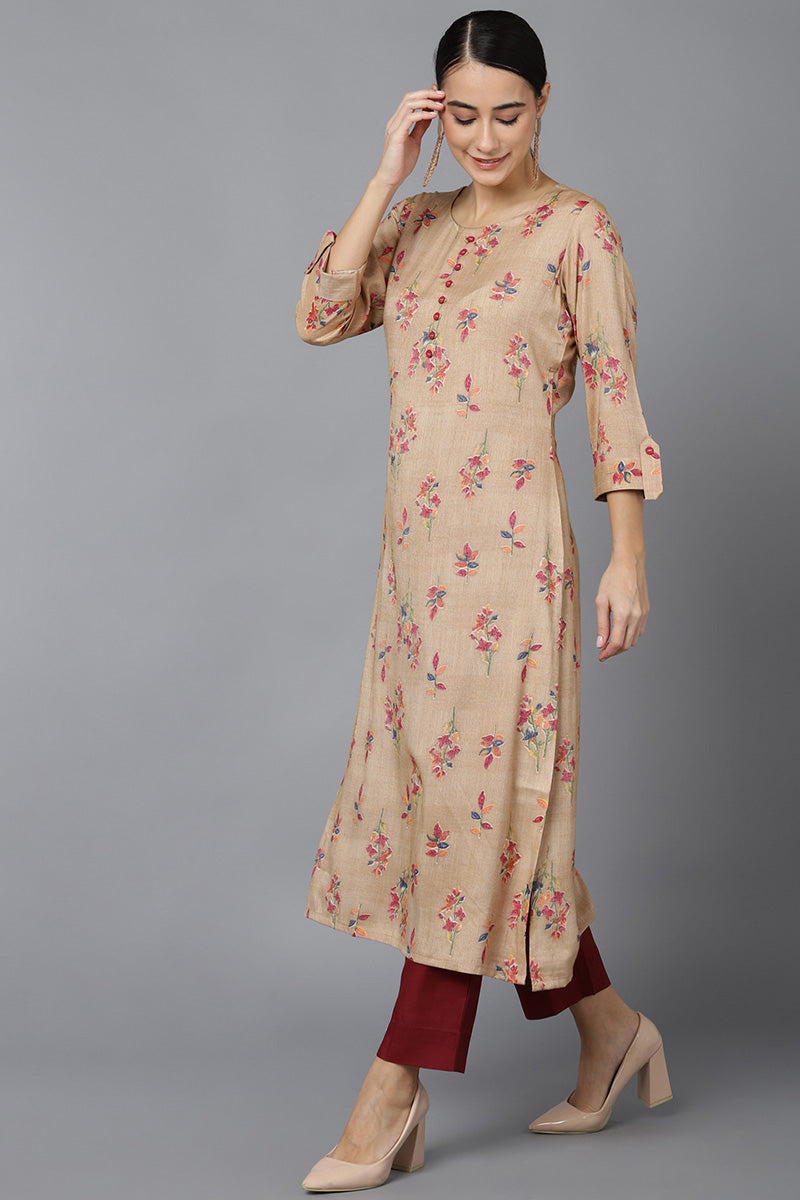  AHIKA Women Beige Floral Printed Cotton Kurta