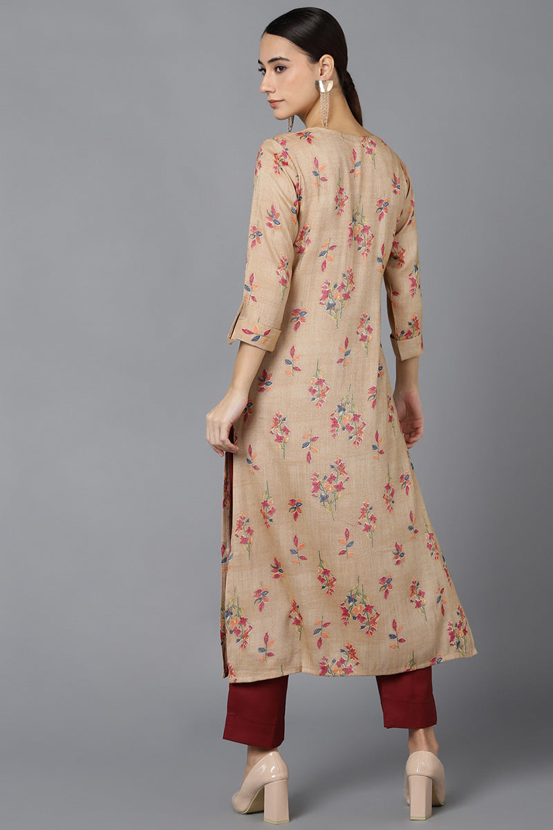  AHIKA Women Beige Floral Printed Cotton Kurta