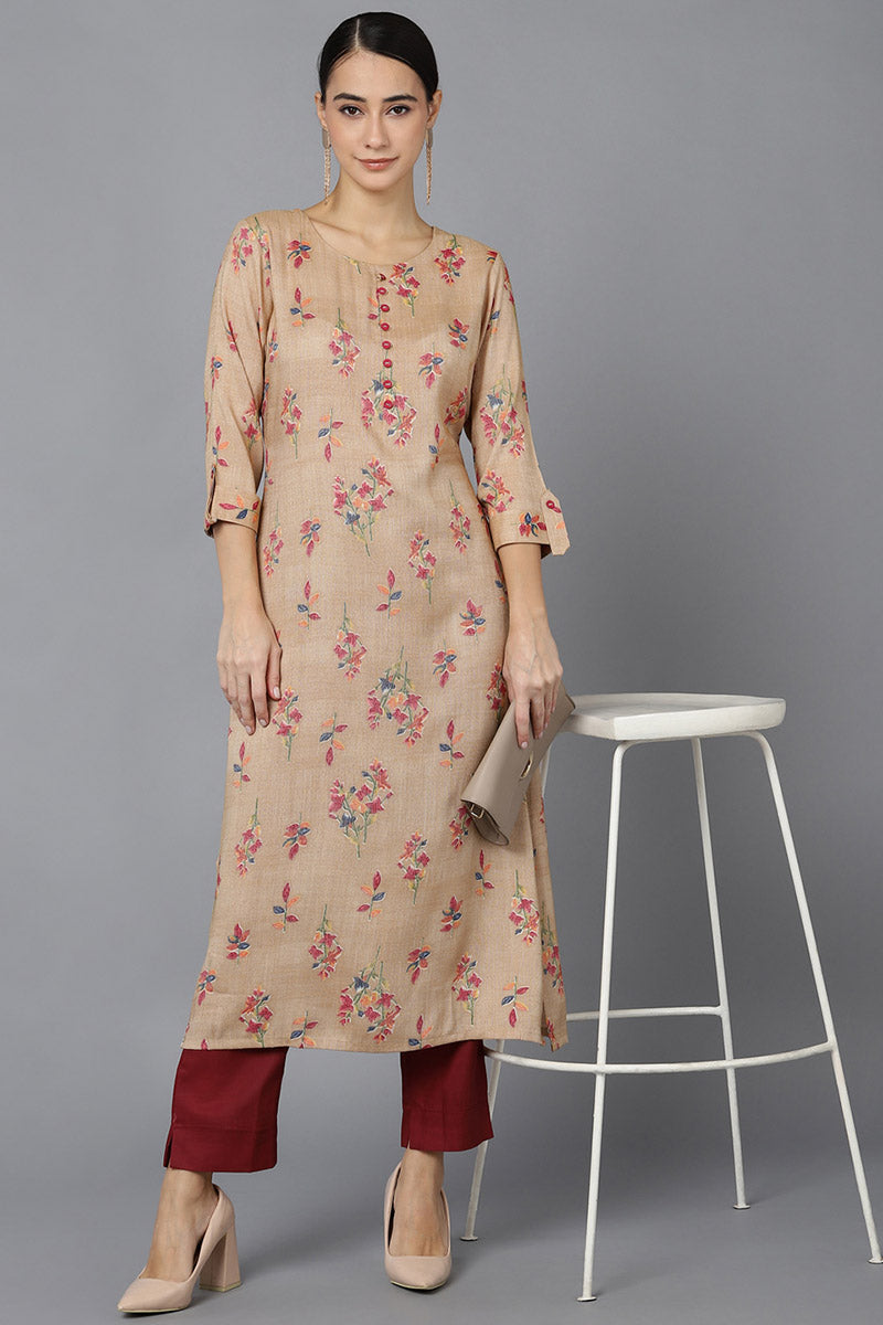  AHIKA Women Beige Floral Printed Cotton Kurta