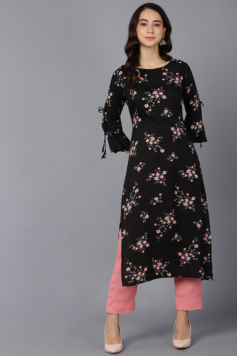Ahika Women Black Cotton Floral Printed Kurtas