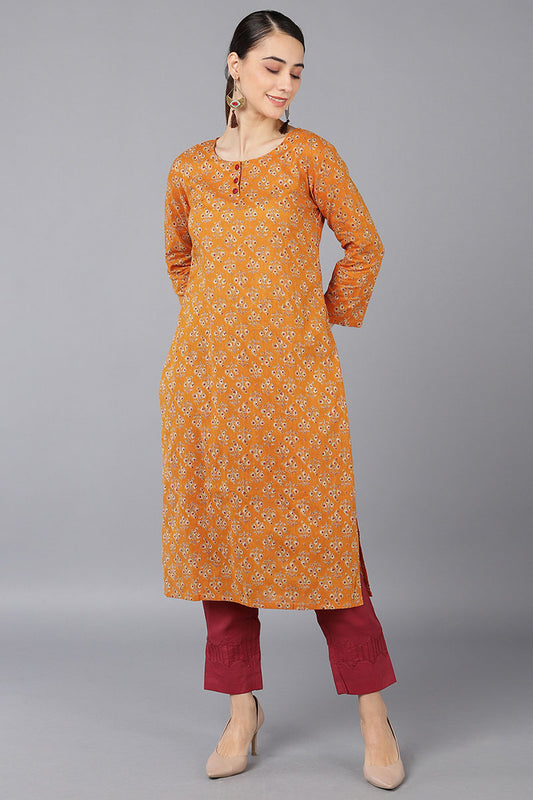 Ahika Women Orange Cotton Ethnic Motifs Solid Kurtas