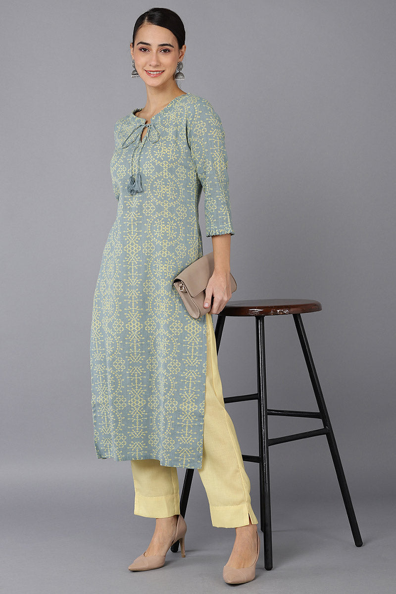 Ahika Women Grey Cotton Geometric Printed Kurtas