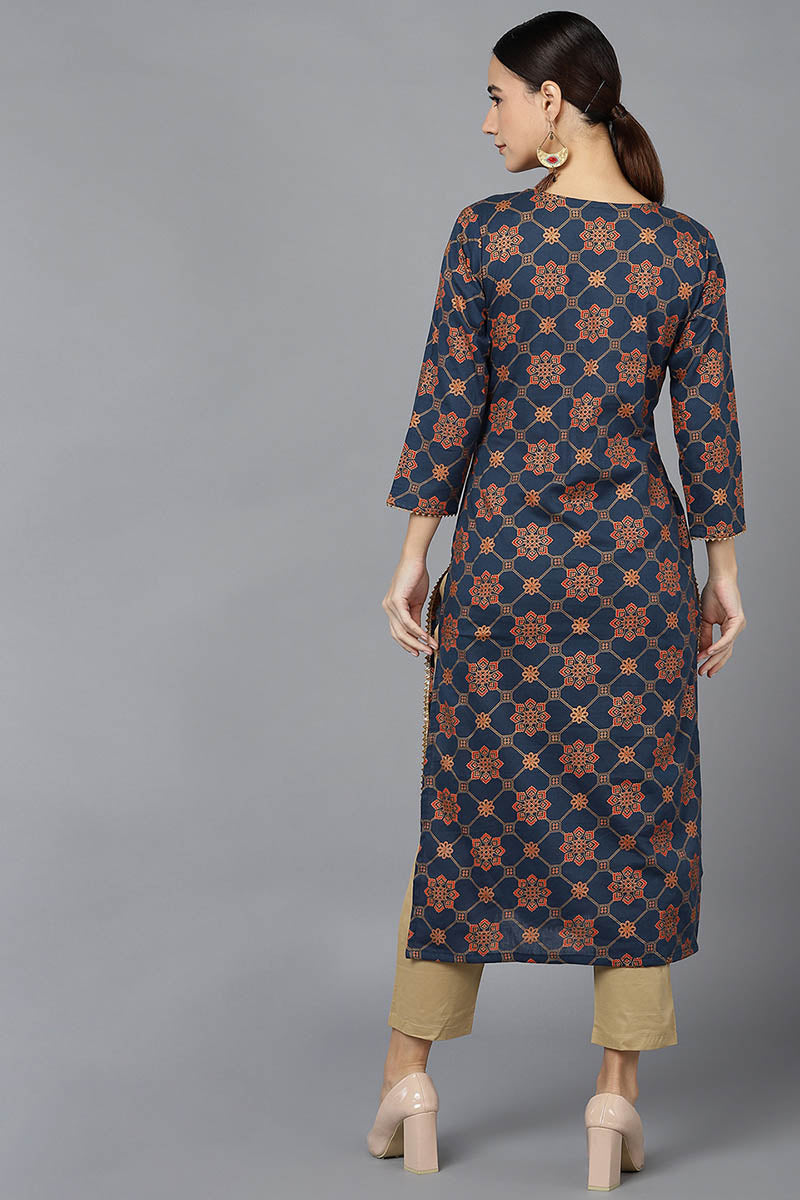 Ahika Women Navy Blue Cotton Ethnic Motifs Printed Kurtas
