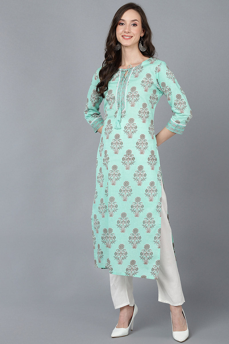 Ahika Women Sea Green Cotton Ethnic Motifs Printed Kurtas 