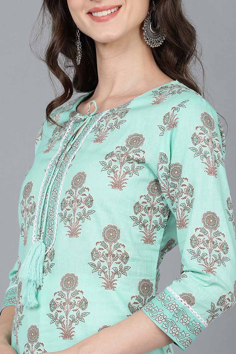 Ahika Women Sea Green Cotton Ethnic Motifs Printed Kurtas 