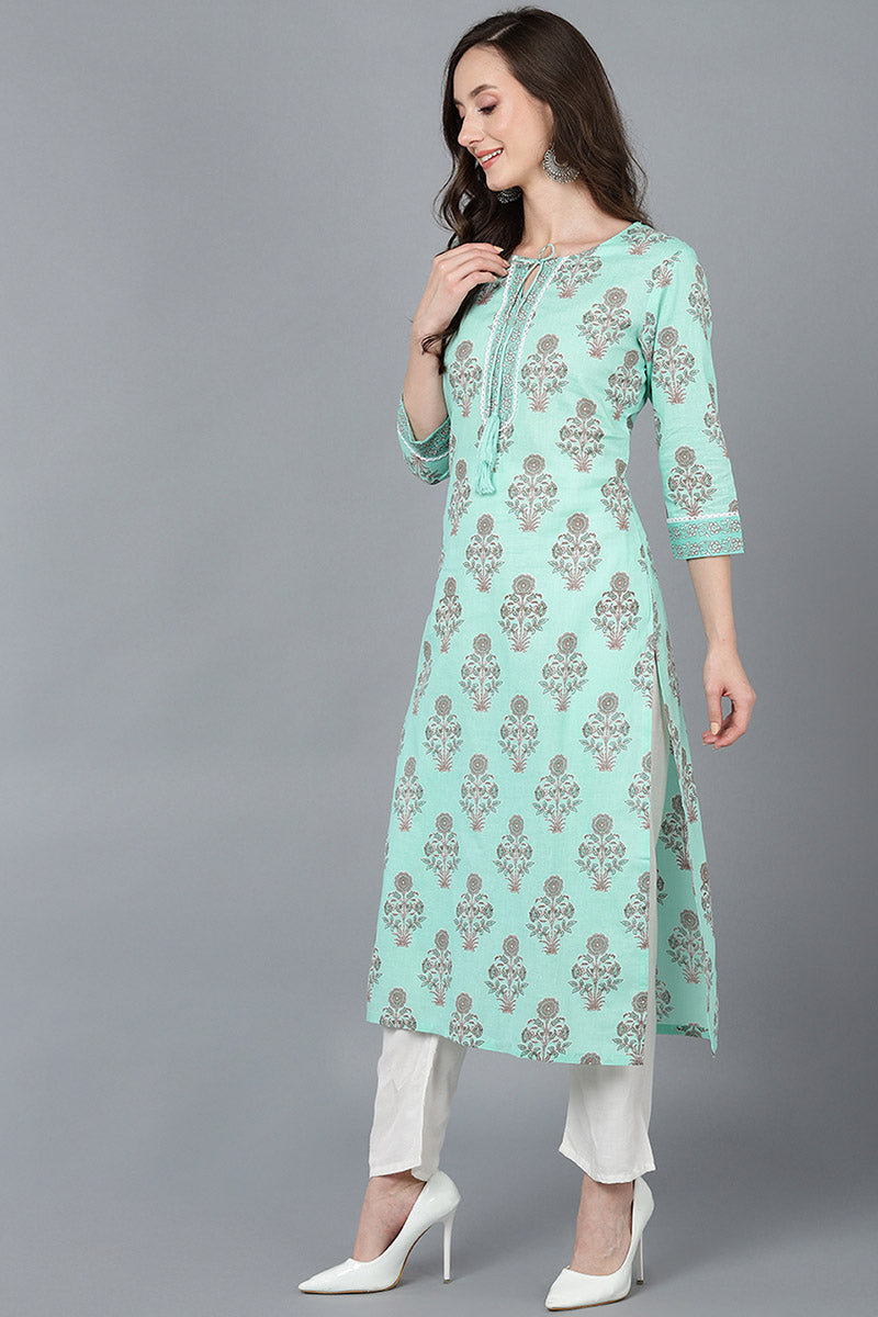 Ahika Women Sea Green Cotton Ethnic Motifs Printed Kurtas 