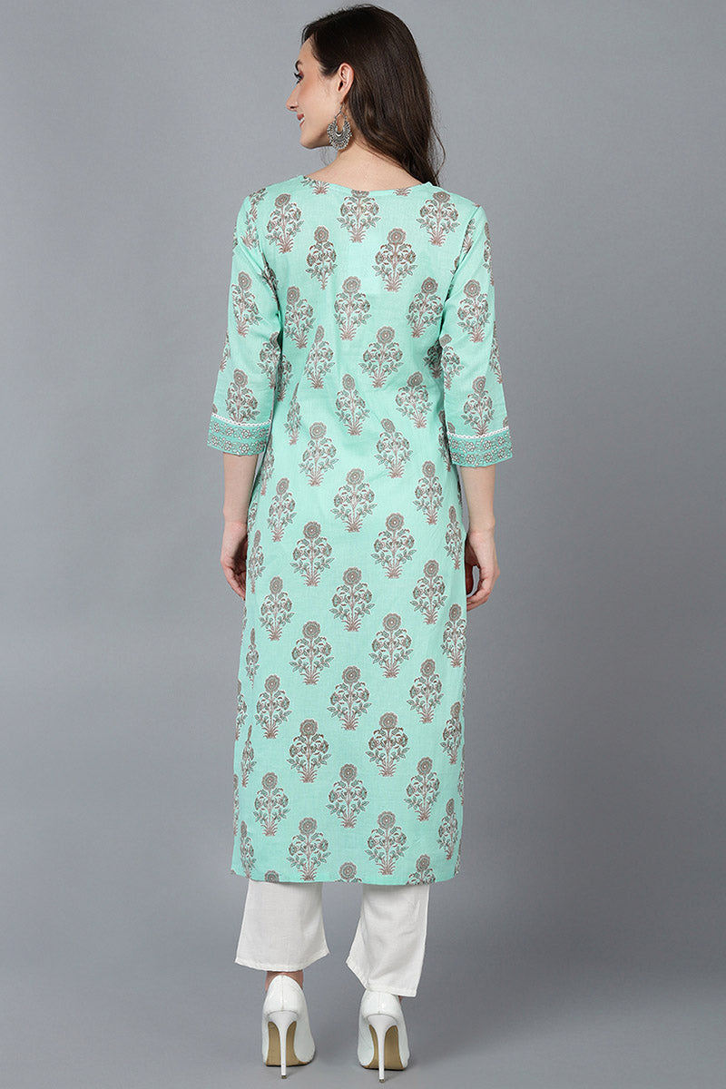 Ahika Women Sea Green Cotton Ethnic Motifs Printed Kurtas 