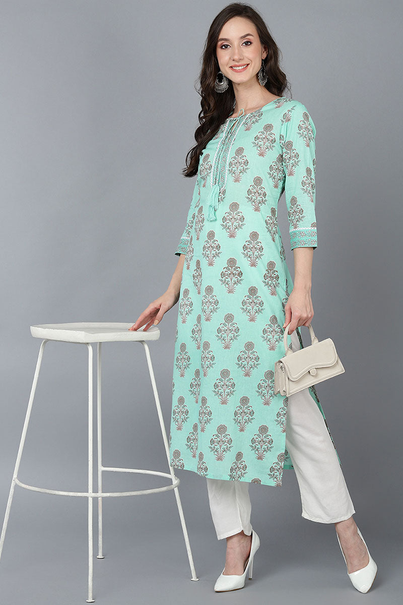 Ahika Women Sea Green Cotton Ethnic Motifs Printed Kurtas 