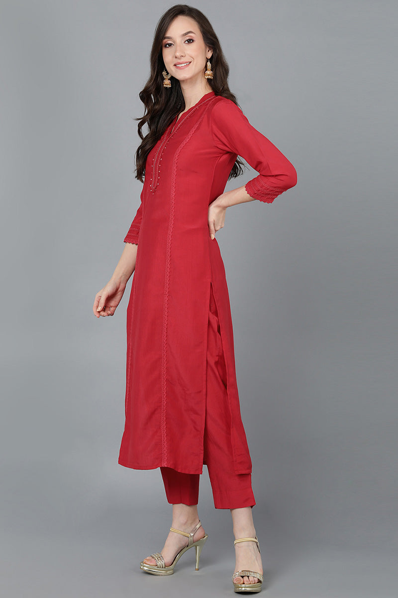 Ahika Women Red Silk Solid Yoke Design Kurtas