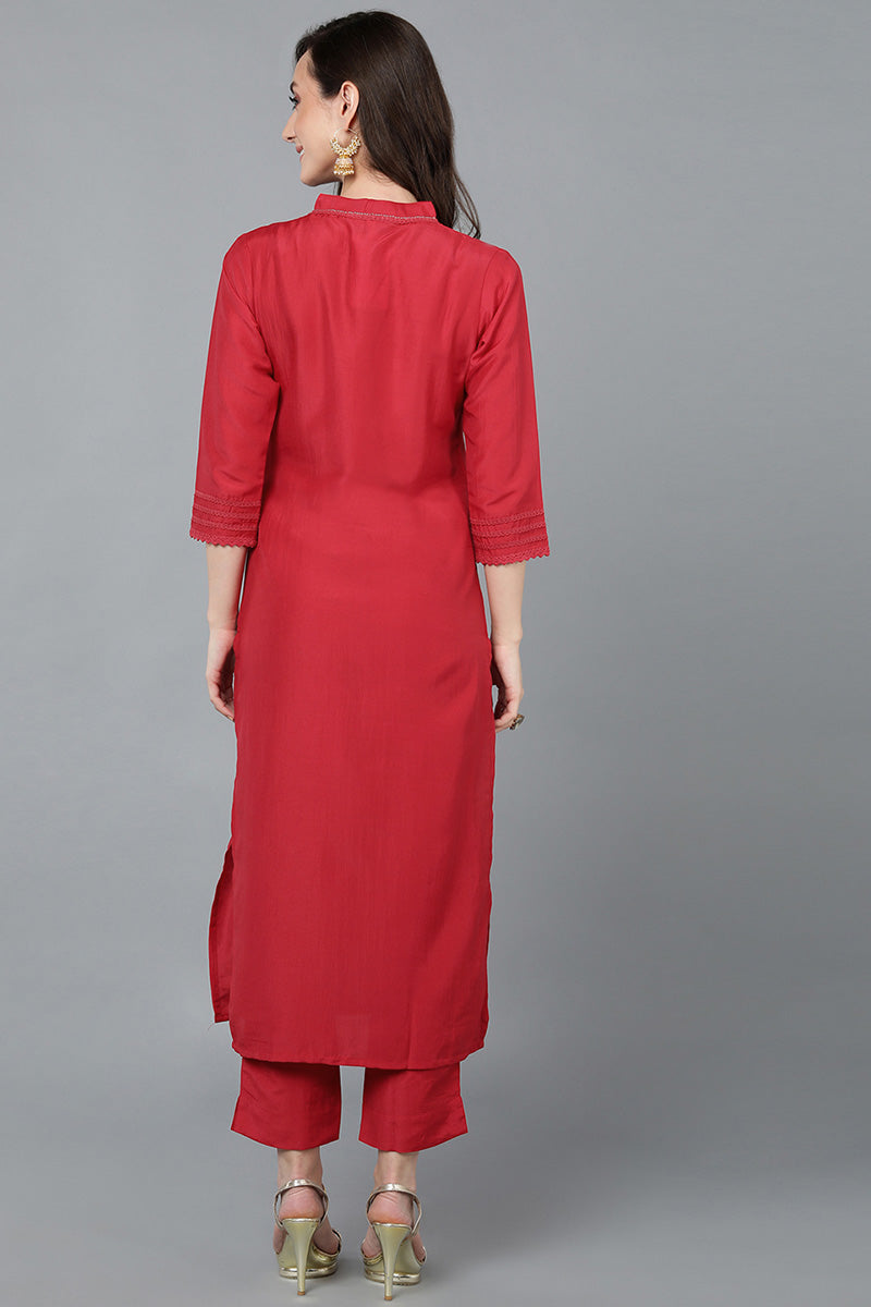 Ahika Women Red Silk Solid Yoke Design Kurtas