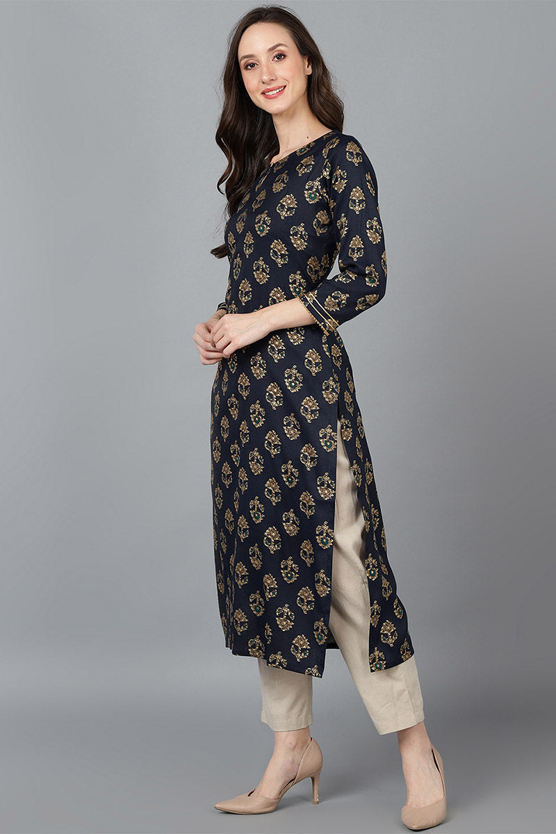 Ahika Women Black Cotton Printed Kurta 