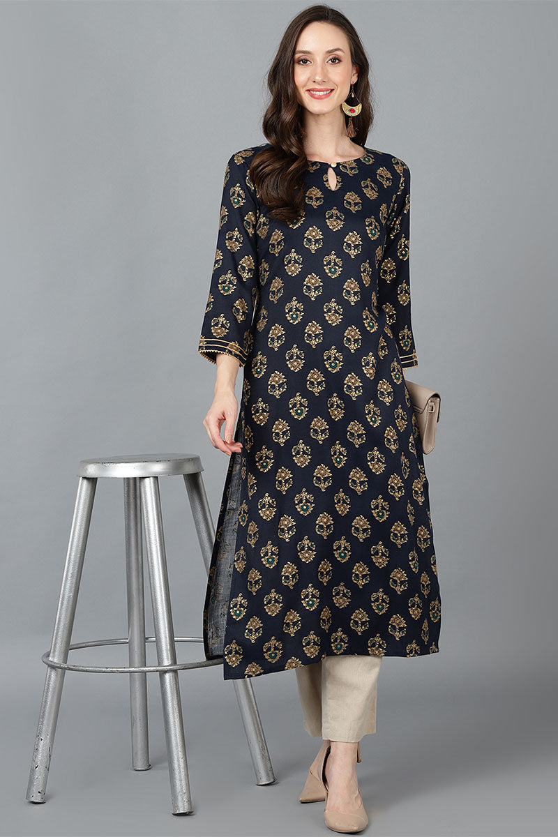 Ahika Women Black Cotton Printed Kurta 