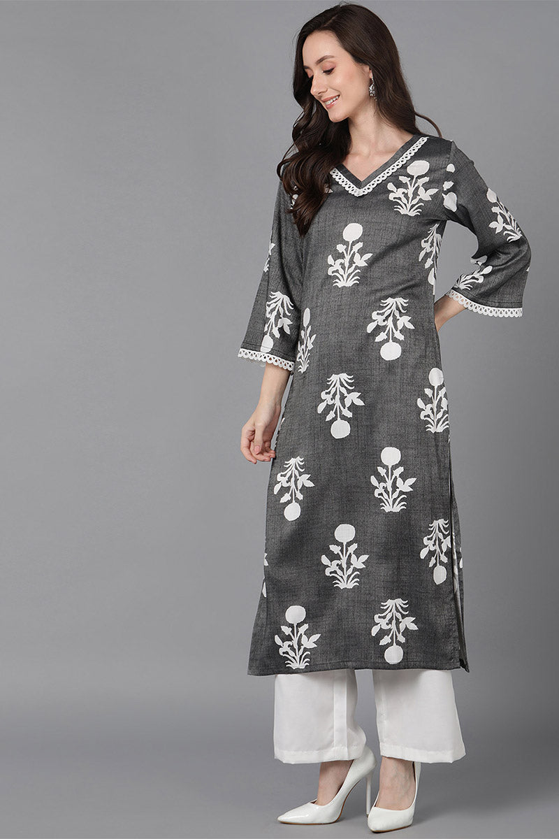 Ahika Women Grey Cotton Floral Printed Kurta 