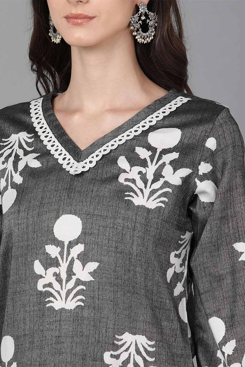 Ahika Women Grey Cotton Floral Printed Kurta 