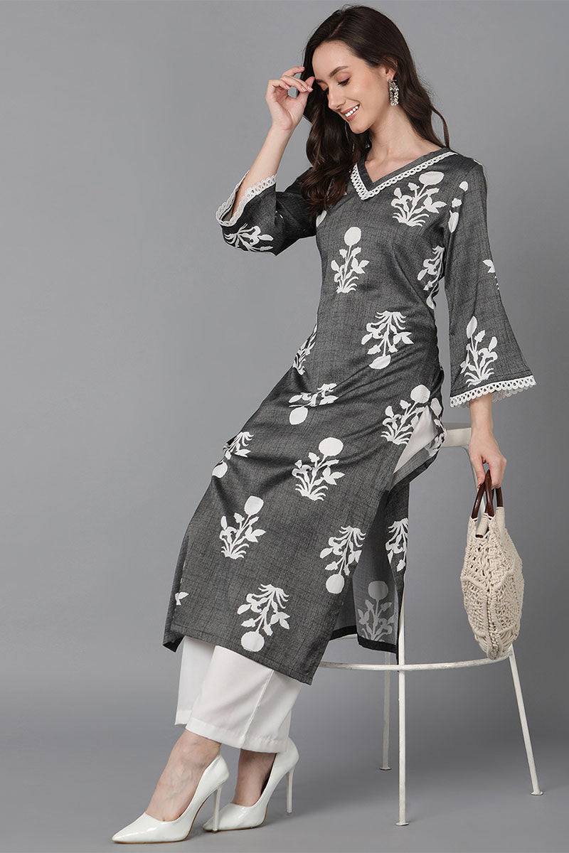 Ahika Women Grey Cotton Floral Printed Kurta 