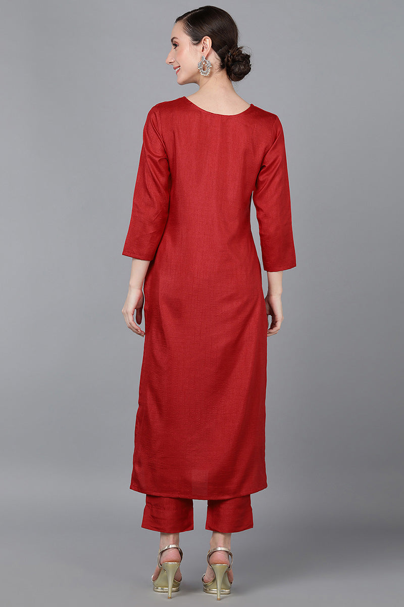 Ahika Women Red Silk Solid Kurta 
