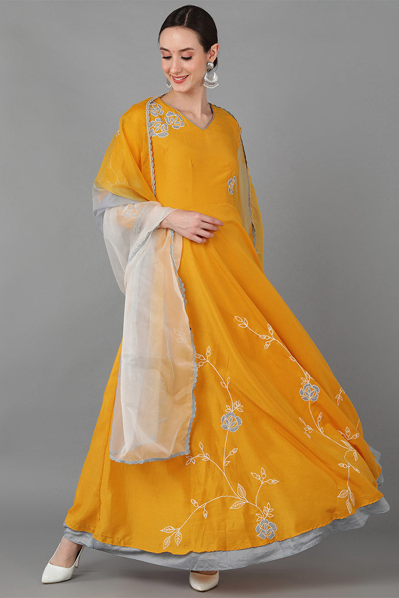 AHIKA Women Mustard Yellow Floral Embroidered Chanderi Silk Kurta