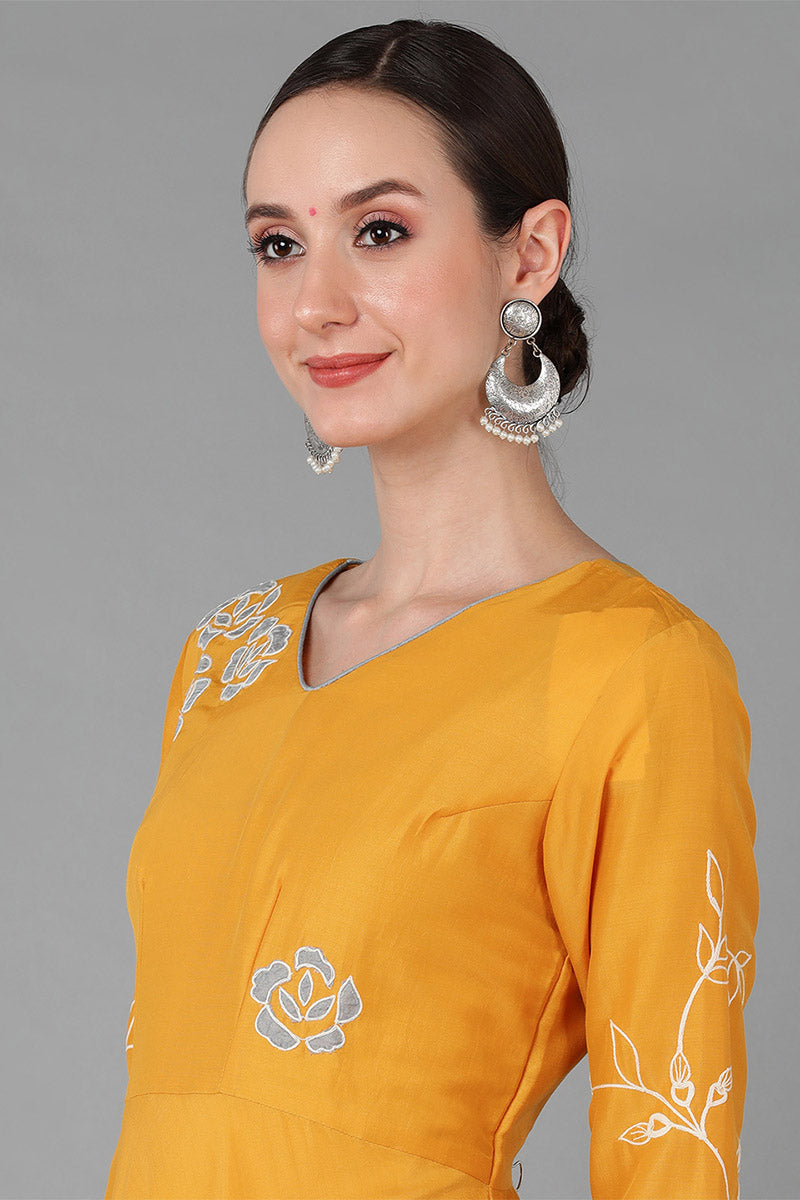 AHIKA Women Mustard Yellow Floral Embroidered Chanderi Silk Kurta