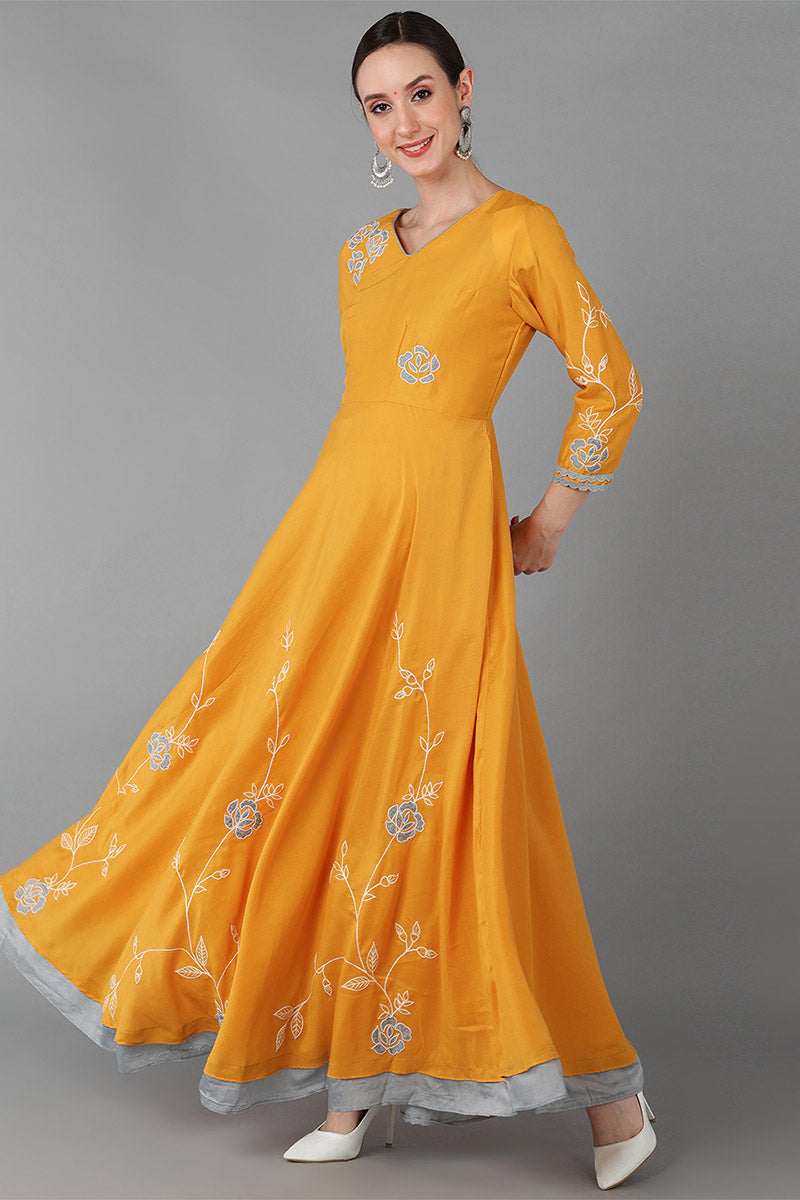AHIKA Women Mustard Yellow Floral Embroidered Chanderi Silk Kurta