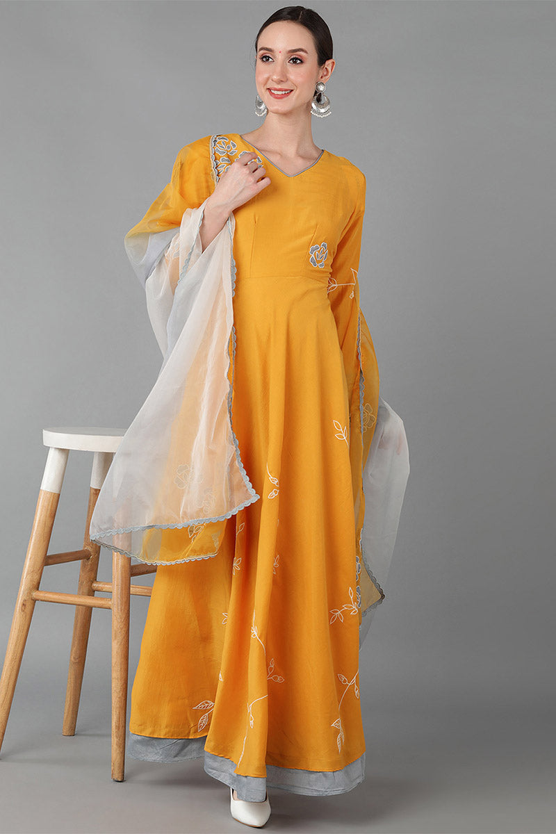 AHIKA Women Mustard Yellow Floral Embroidered Chanderi Silk Kurta