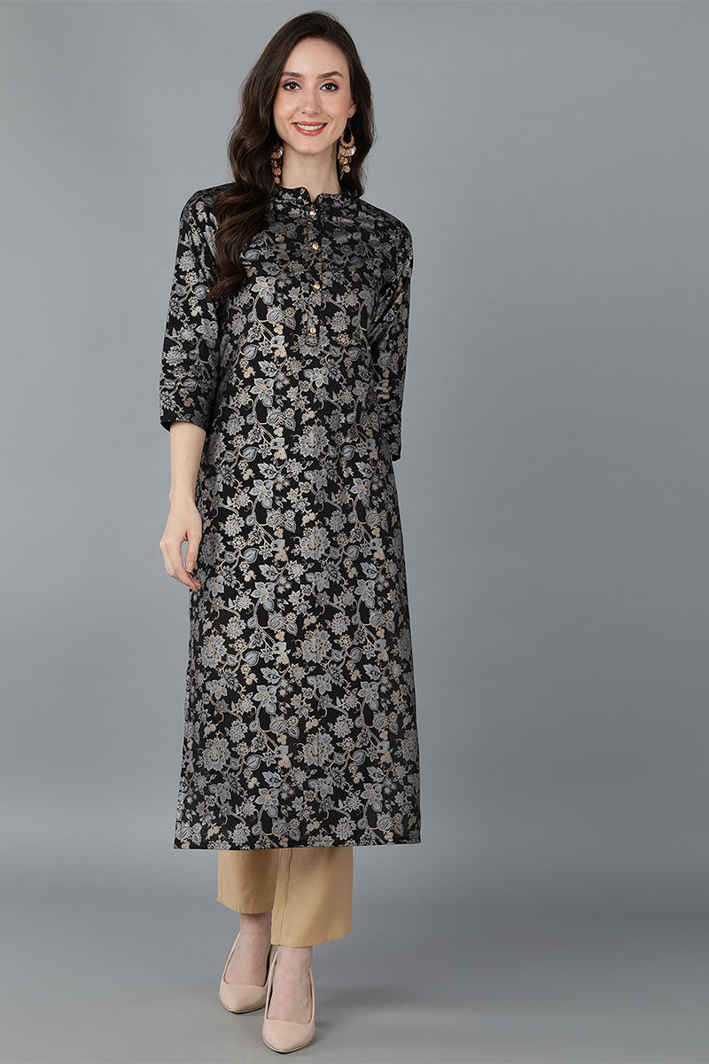 AHIKA Women Black & Grey Floral Printed Kurta