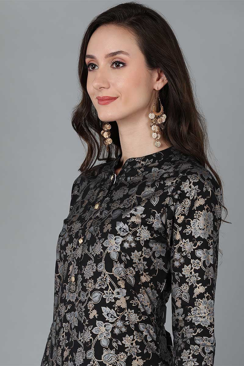 AHIKA Women Black & Grey Floral Printed Kurta