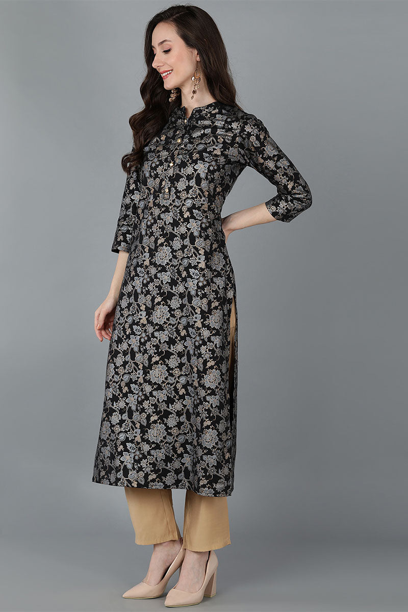 AHIKA Women Black & Grey Floral Printed Kurta