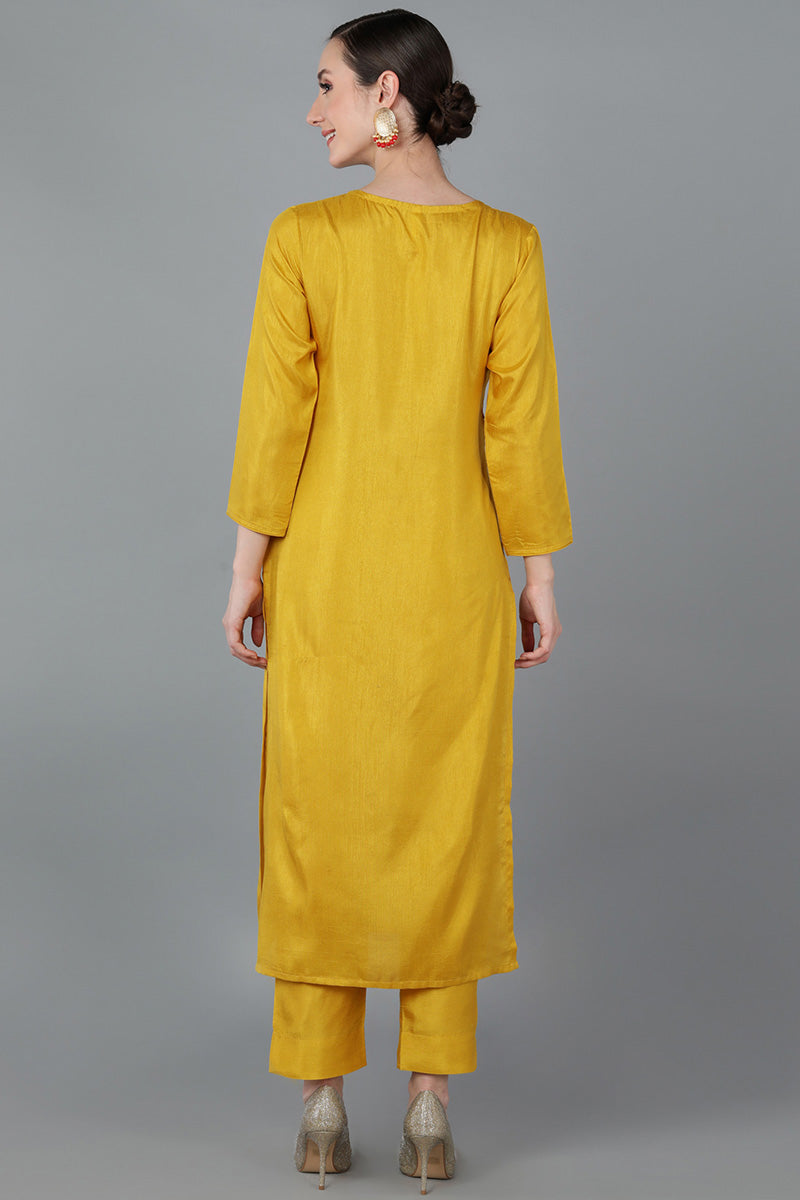 Ahika Women Yellow Silk Blend Solid Kurtas 