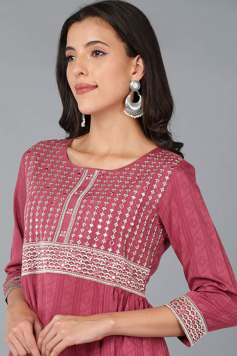 Maroon Silk Blend Ethnic Motifs Embroidered Anarkali Kurta