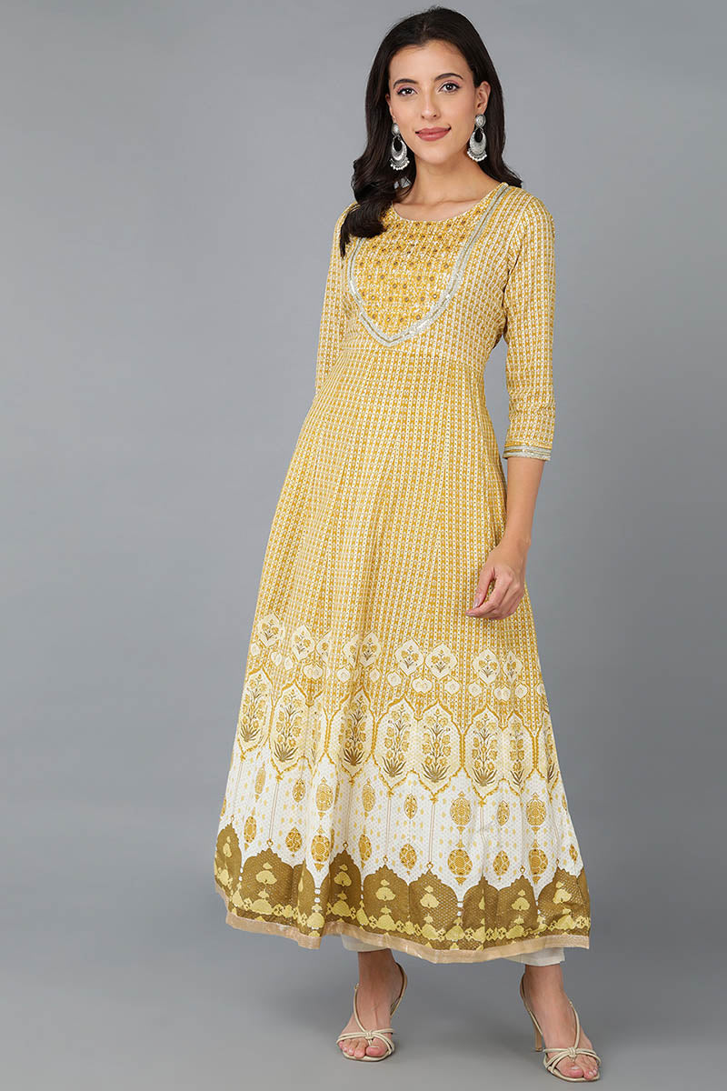 Yellow Cotton Blend Abstract Yoke Design Anarkali Kurta 