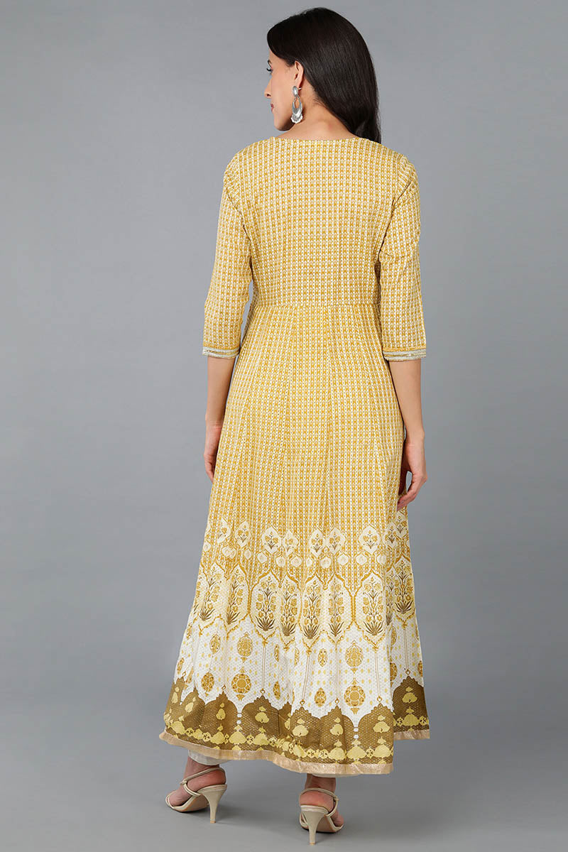 Yellow Cotton Blend Abstract Yoke Design Anarkali Kurta 