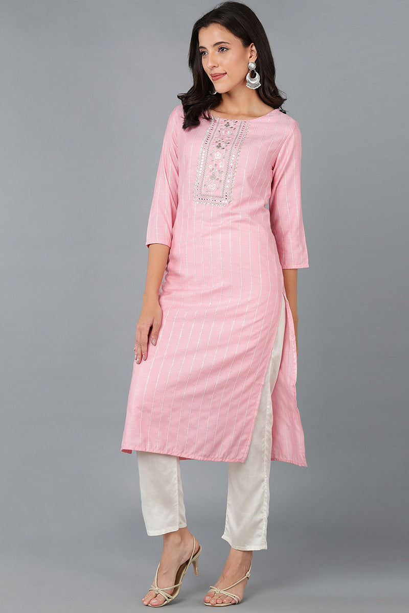 Pink Cotton Striped Yoke Design Straight Kurta 