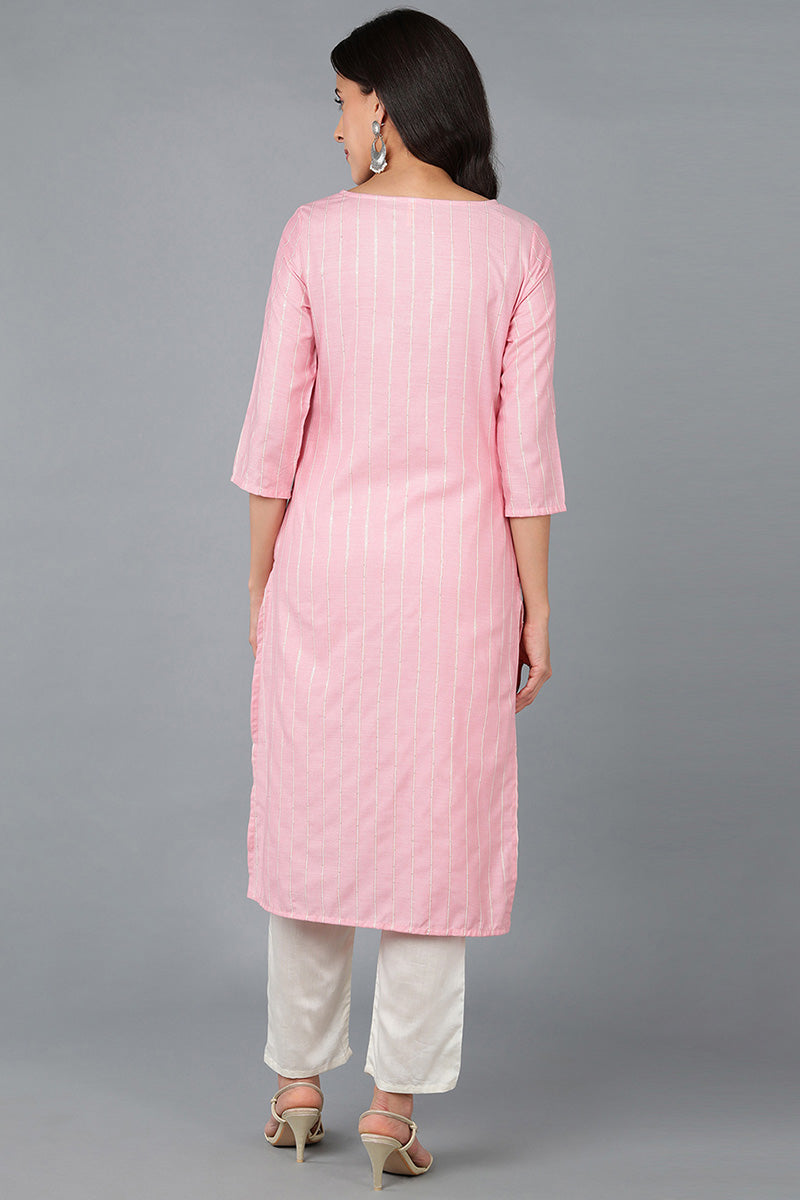 Pink Cotton Striped Yoke Design Straight Kurta 