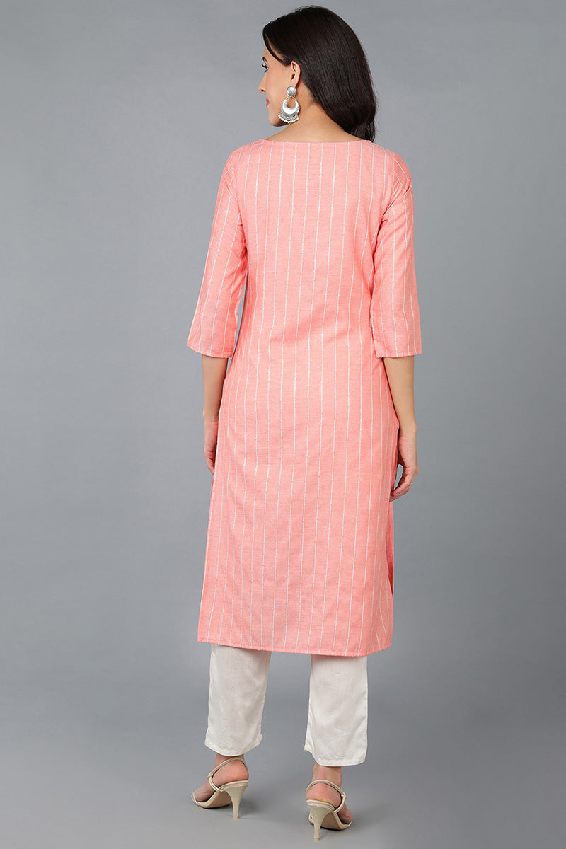 Pink Cotton Striped Yoke Design Straight Kurta 