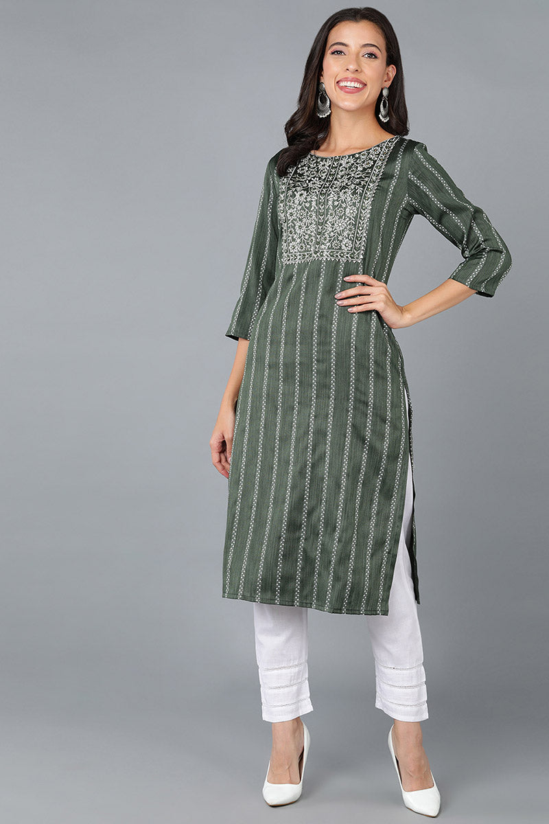 Green Cotton Striped Yoke Design Straight Kurta 