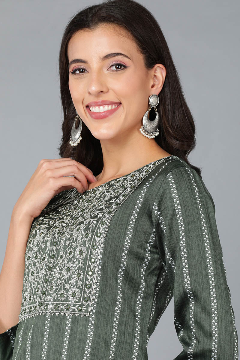 Green Cotton Striped Yoke Design Straight Kurta 