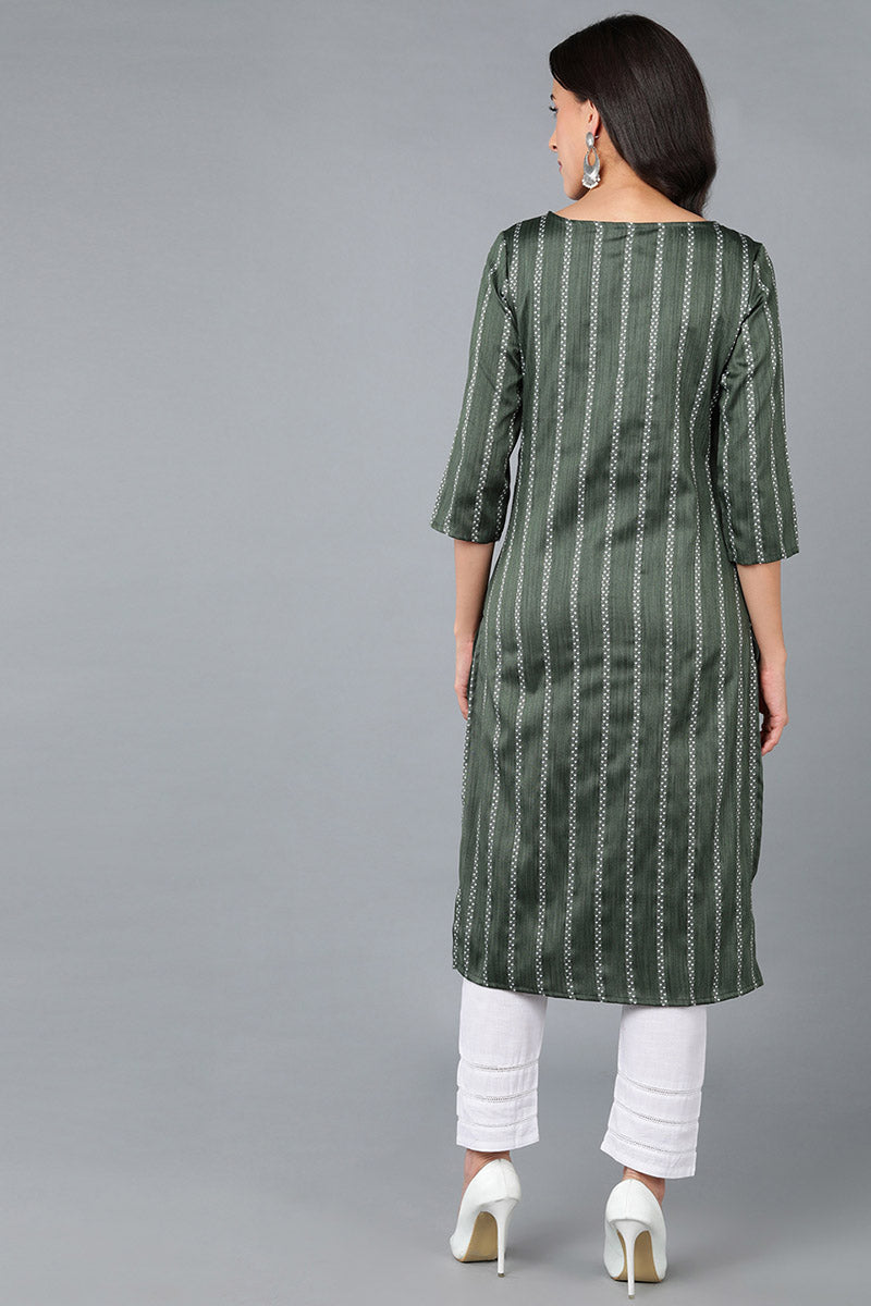 Green Cotton Striped Yoke Design Straight Kurta 